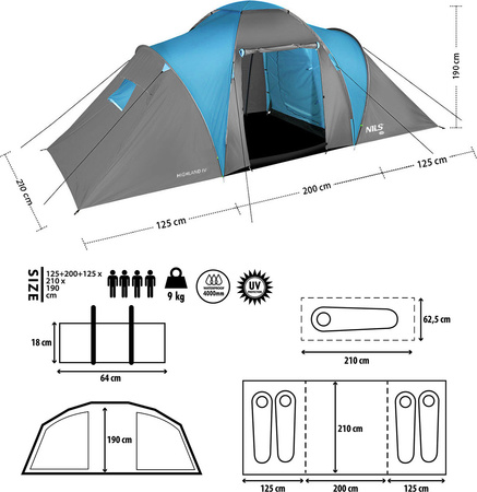 Namiot kempingowy turystyczny highland IV Nils Camp NC6431 4 osobowy niebiesko-szary 390x210x130cm
