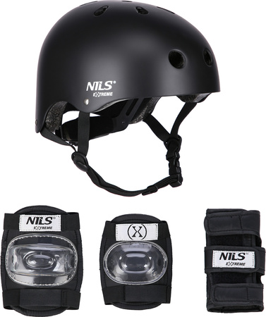 Zestaw kask z ochraniaczami na rower rolki hulajnogę Nils Extreme mr290 h230 czarny rozmiar S