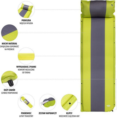 Mata samopompująca kempingowa turystyczna z poduszką Nils Camp NC4349 zielono-szara 193x58x3 cm