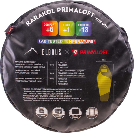 Śpiwór mumia turystyczny Elbrus Karakol Primaloft żółty 220x80x55 cm
