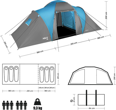 Namiot turystyczny kempingowy Nils Camp Higland NC6031 6 osobowy niebiesko-szary 570x210x200cm