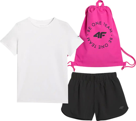 Komplet odzieżowy 4F koszulka, spodenki, worek F081 biało-czarno-różowy 4FJWAW25TAPSF081 20S