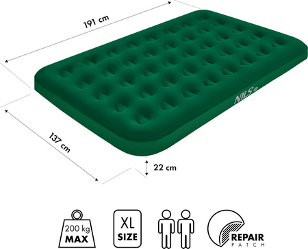Materac welurowy dwuosobowy kempingowy Nils Camp NC2802 zielony 191x137x22 cm