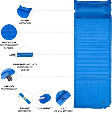 Mata samopompująca kempingowa turystyczna z poduszką Nils Camp NC4001 niebieska 190x63x3.8 cm