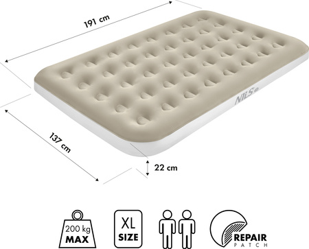Materac welurowy dwuosobowy kempingowy Nils Camp NC2802 beżowy 191x137x22 cm