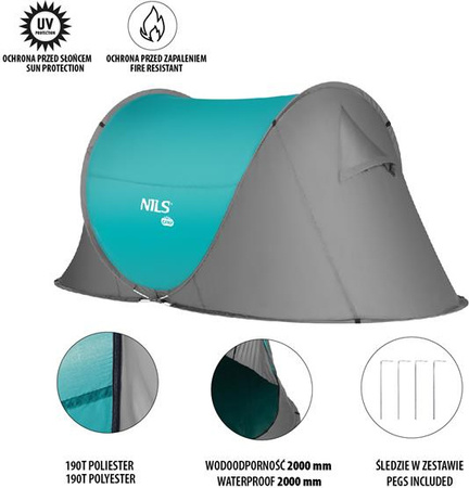 Namiot kempingowy turystyczny samorozkładający Nils camp NC3743 szaro-turkusowy 220x120x95cm