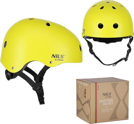 Zestaw kask z ochraniaczami na rower rolki hulajnogę Nils Extreme mr290 h230 żółty rozmiar S