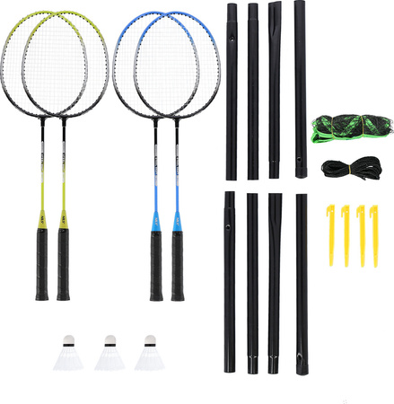 Zestaw 4 rakiet do badmintona 3 lotki siatki 195x22cm pokrowiec Nils NRZ014 steel