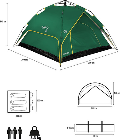 Namiot turystyczny kempingowy trzyosobowy wodoodporny Nils Camp Shadow