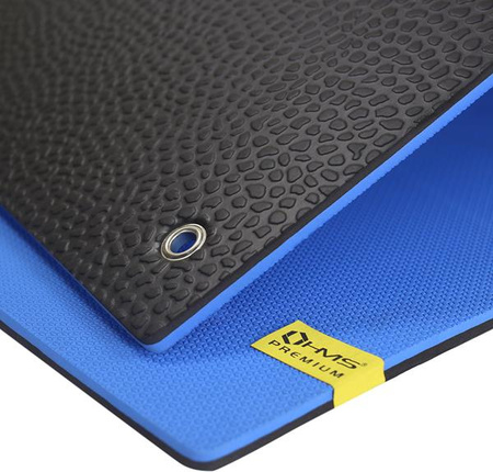 Mata do ćwiczeń fitness klubowa z otworami HMS Premium MFK03 180x60x1,5 cm niebiesko-czarna