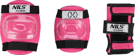 Zestaw kask z ochraniaczami na rower rolki hulajnogę Nils Extreme mr290 h230 różowy rozmiar M
