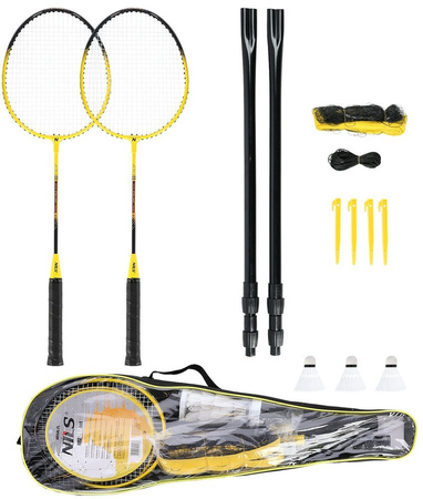 Zestaw rakiet do badmintona lotki z piór 3 sztuki siatka 600x60cm pokrowiec Nils NRZ262 aluminium