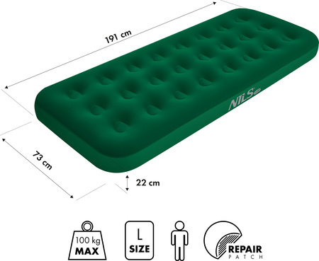 Materac welurowy jednoosobowy turystyczny kempingowy Nils Camp NC2801 zielony 191x73x22 cm