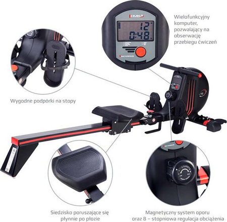 Wioślarz magnetyczny treningowy domowy HMS wymiary 187 x 58 x 47 cm