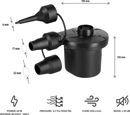 Pompka elektryczna turystyczna do materaca + przejściówki 230-12V Nils Camp NC17115 czarna
