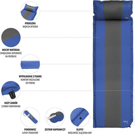 Mata samopompująca kempingowa turystyczna z poduszką Nils CampNC4349 niebiesko-szara