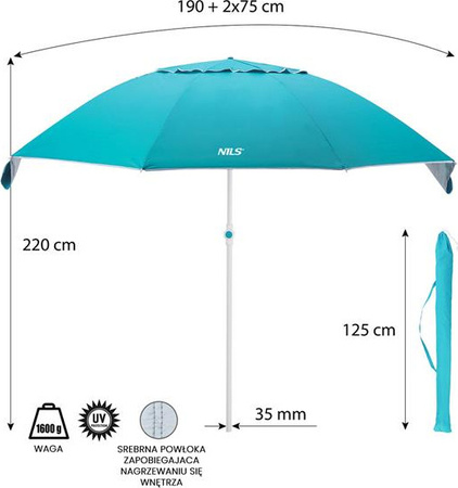 Parasol plażowy xl 220 cm Nils nc7822 turkusowy