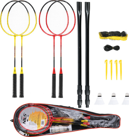Zestaw rakiet do badmintona 4 sztuki lotki z piór 3 sztuki siatka 600x60cm pokrowiec Nils NRZ264 aluminium