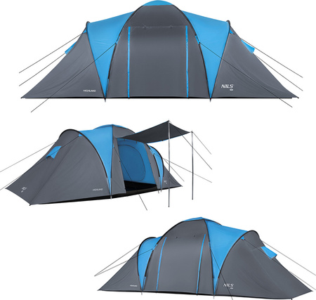 Namiot turystyczny kempingowy Nils Camp Higland NC6031 6 osobowy niebiesko-szary 570x210x200cm