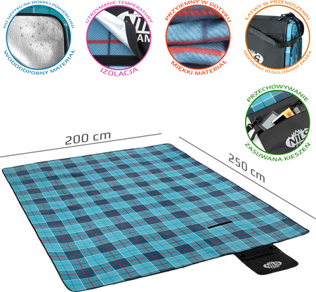 Koc piknikowy turystyczny plażowy kratka Nils camp NC8002 niebieski 250x200cm
