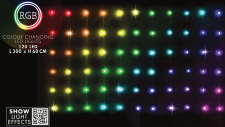 Lampki choinkowe kurtyna świetlna zewnętrzna/wewnętrzna 120 diod LED z pilotem RGB 300x60cm