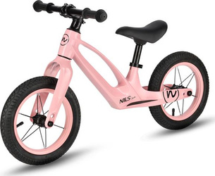 Rowerek biegowy dziecięcy Nils Fun RB901 pompowane koła led 12'' różowy 90x50x41cm