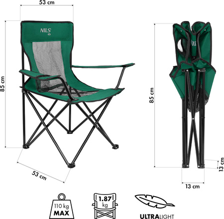 Krzesło turystyczne kempingowe składane Nils Camp NC3302 zielono-czarne