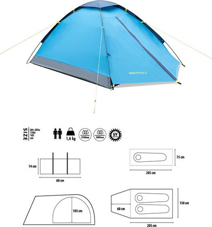 Namiot kempingowy turystyczny nightfall Nils camp nc6033 2 osobowy niebieski 265x150x105cm