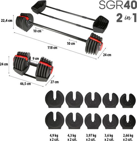 Zestaw regulowanych sztangielek 43,5 kg HMS sgr40 pro set 2w1