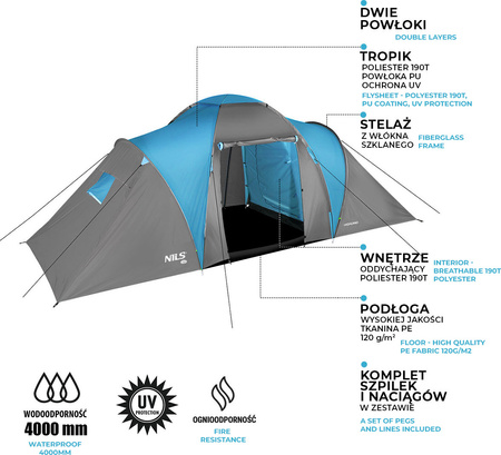 Namiot turystyczny kempingowy Nils Camp Higland NC6031 6 osobowy niebiesko-szary 570x210x200cm