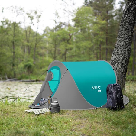 Namiot kempingowy turystyczny samorozkładający Nils camp NC3743 szaro-turkusowy 220x120x95cm