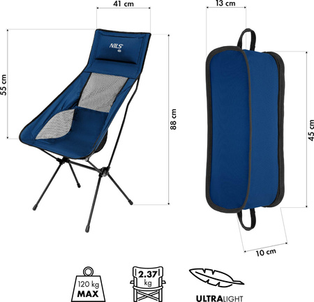 Krzesło turystyczne kempingowe składane bardzo lekkie granatowe Nils Camp NC3322