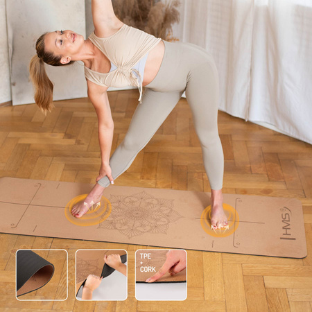 Zestaw do jogi yogi HMS mata korkowa fitness TPE YM11 kostka KJ02 pasek SJ02