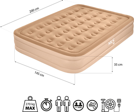 Materac dwuosobowy dmuchany king size beżowy Nils Camp NC2808 + pompka elektryczna Nils camp 200×145×35 cm