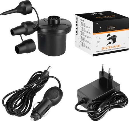 Pompka elektryczna turystyczna do materaca + przejściówki 230-12V Nils Camp NC17115 czarna