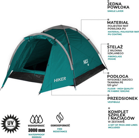 Namiot turystyczny kempingowy Nils Camp Hiker NC6010 2 osobowy zielony 275x150x105cm