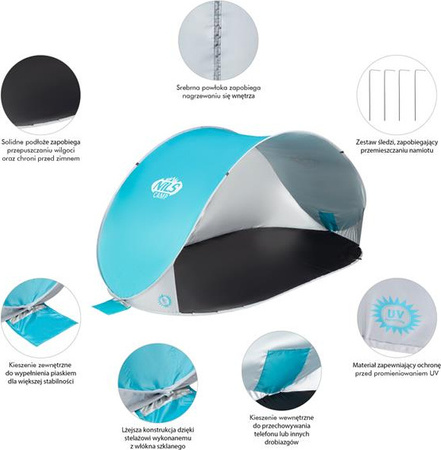 Namiot plażowy samorozkładający podłoga Nils camp nc3174 turkusowo-szary