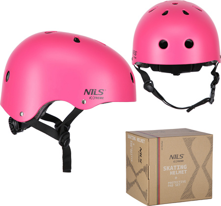 Zestaw kask z ochraniaczami na rower rolki hulajnogę Nils Extreme mr290 h230 różowy rozmiar M