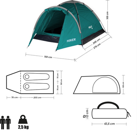 Namiot turystyczny kempingowy Nils Camp Hiker NC6010 2 osobowy zielony 275x150x105cm