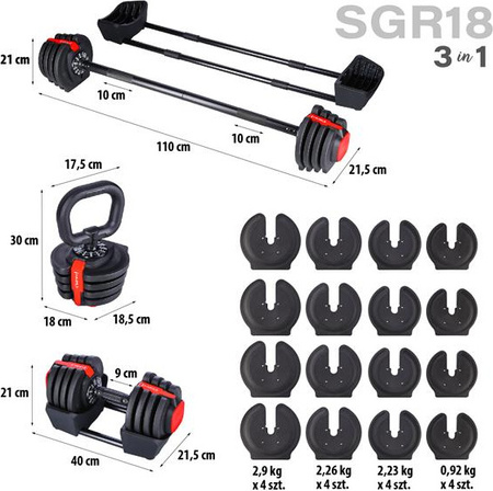 Zestaw regulowanych sztangielek 41 kg HMS sgr18 pro set 3w1