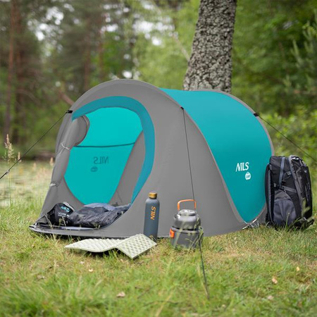 Namiot kempingowy turystyczny samorozkładający Nils camp NC3743 szaro-turkusowy 220x120x95cm