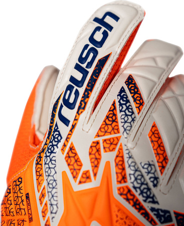 Rękawice bramkarskie Reusch Attrakt Solid Junior biało-pomarańczowo-niebieskie 5572516 2500
