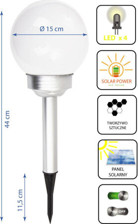 Lampa solarna ogrodowa kula mleczna 15x44cm